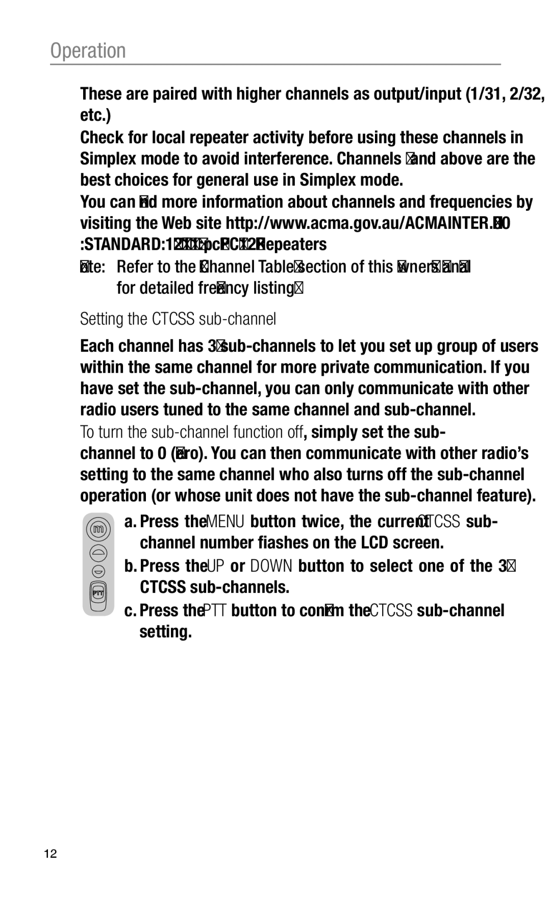 Oricom UHF2100 manual Setting the Ctcss sub-channel 