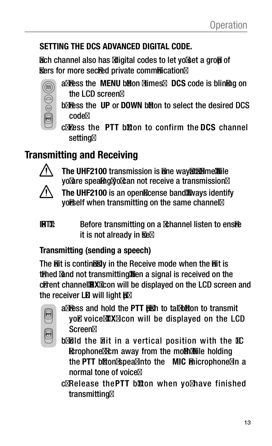 Oricom UHF2100 manual Transmitting and Receiving, Setting the DCS Advanced Digital Code 