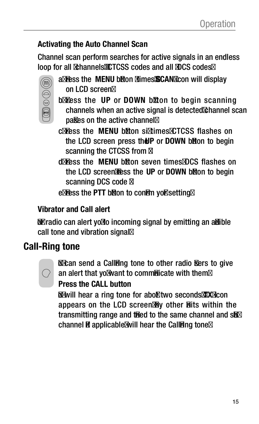 Oricom UHF2100 manual Call-Ring tone, Activating the Auto Channel Scan, Press the Call button 