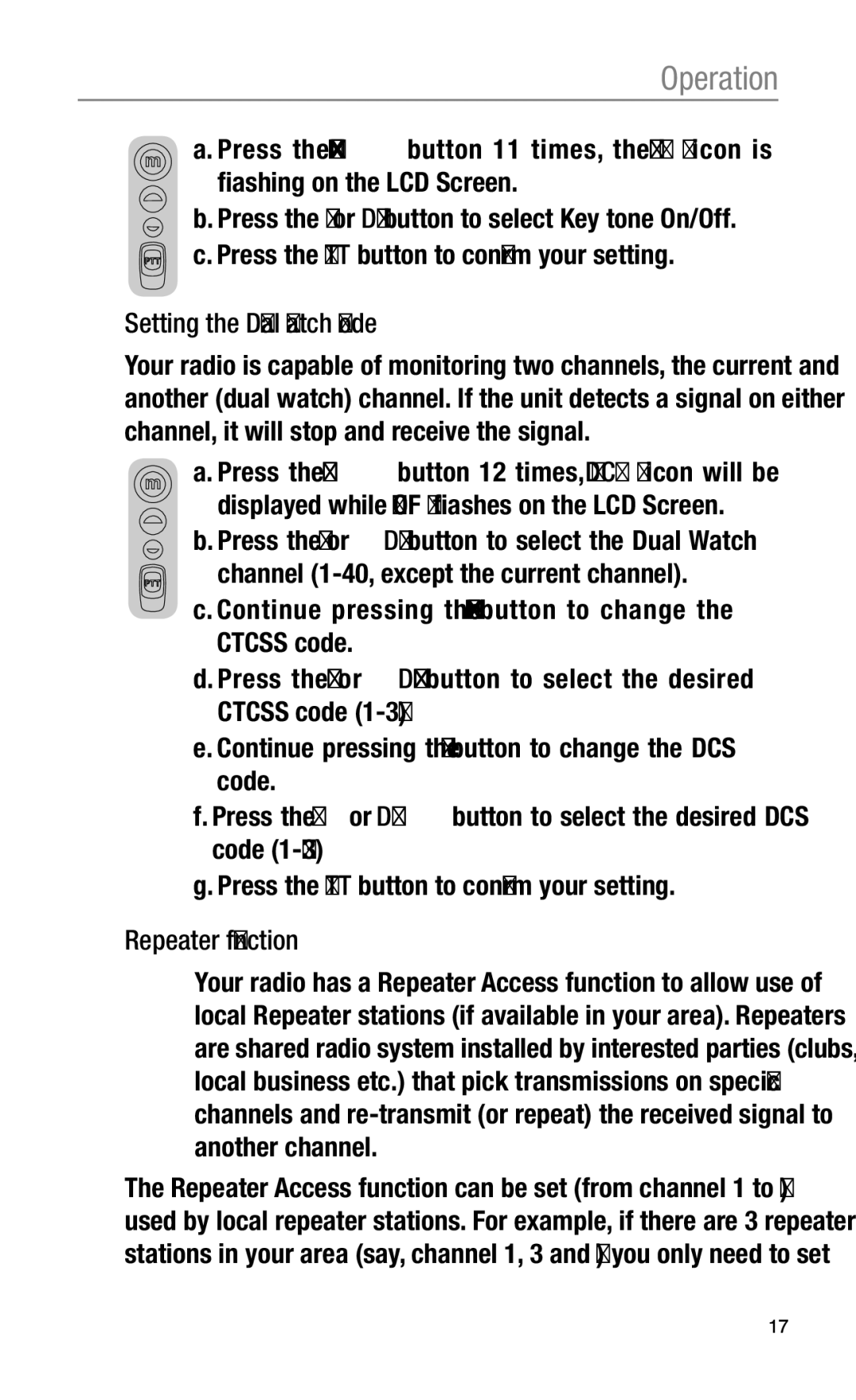 Oricom UHF2100 manual Setting the Dual Watch Mode 