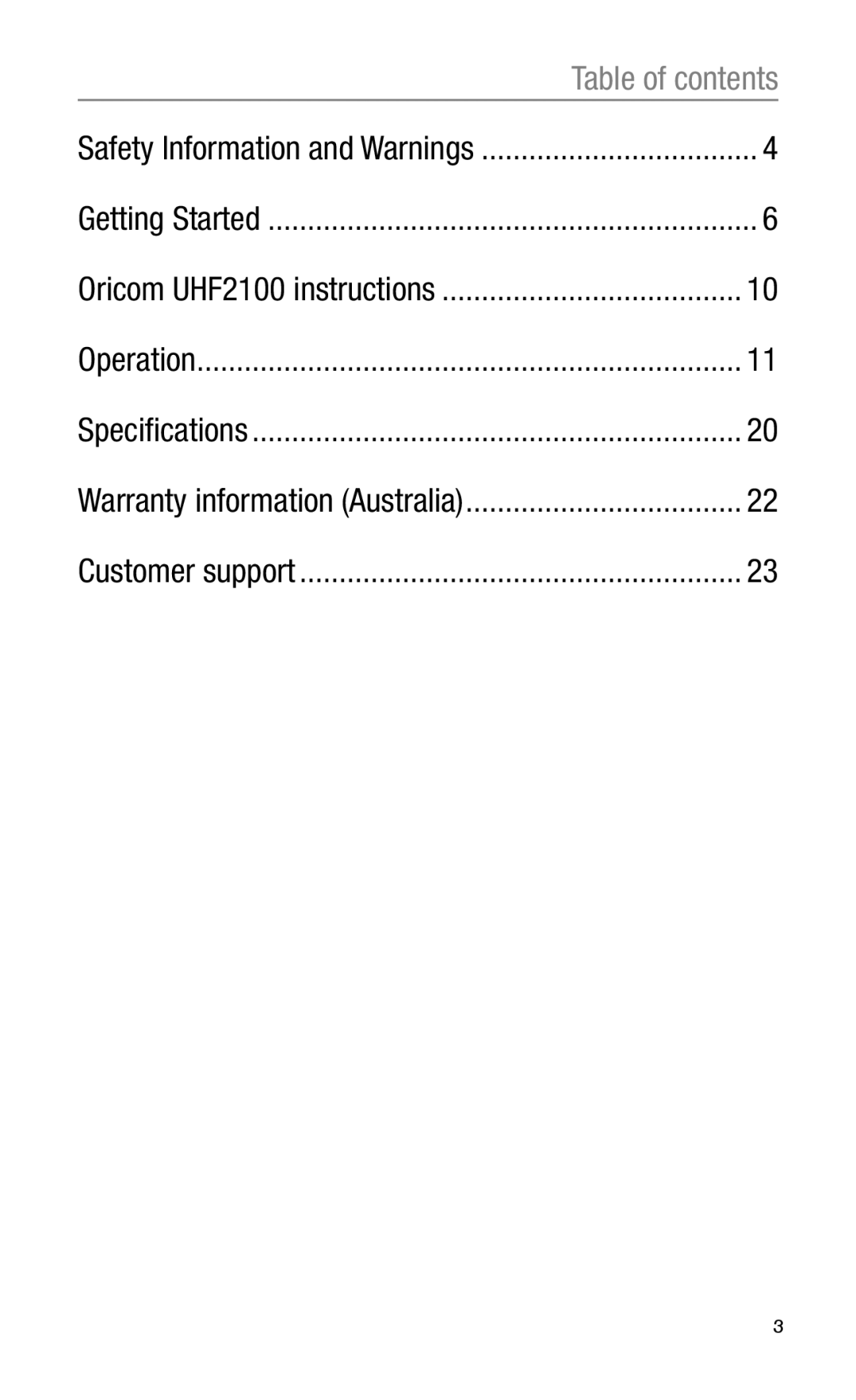 Oricom UHF2100 manual Table of contents 