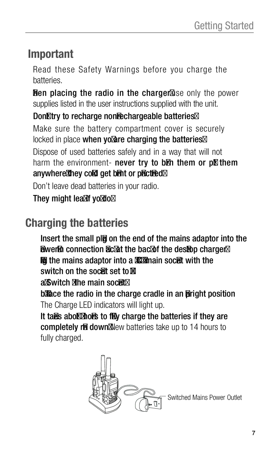 Oricom UHF2100 manual Charging the batteries, Read these Safety Warnings before you charge the batteries 