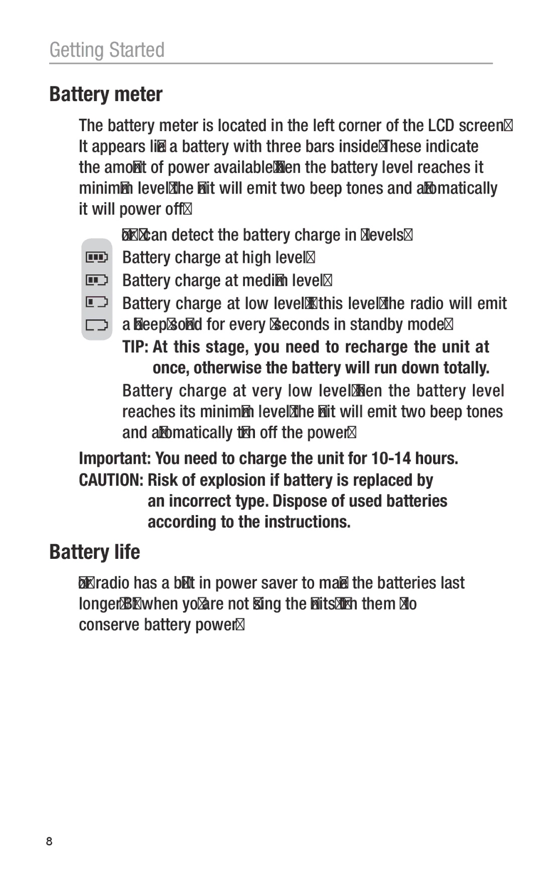 Oricom UHF2100 manual Battery meter, Battery life, Important You need to charge the unit for 10-14 hours 