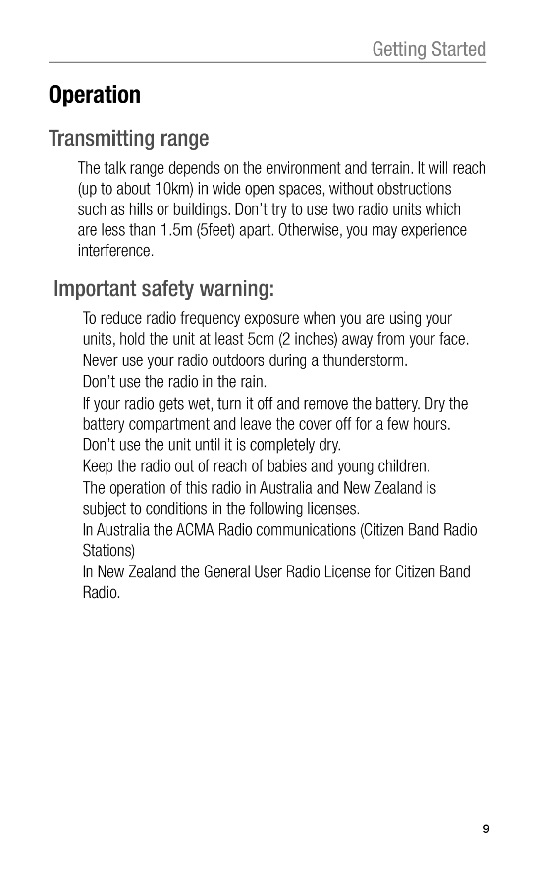 Oricom UHF2100 manual Operation, Transmitting range, Important safety warning, Don’t use the radio in the rain 