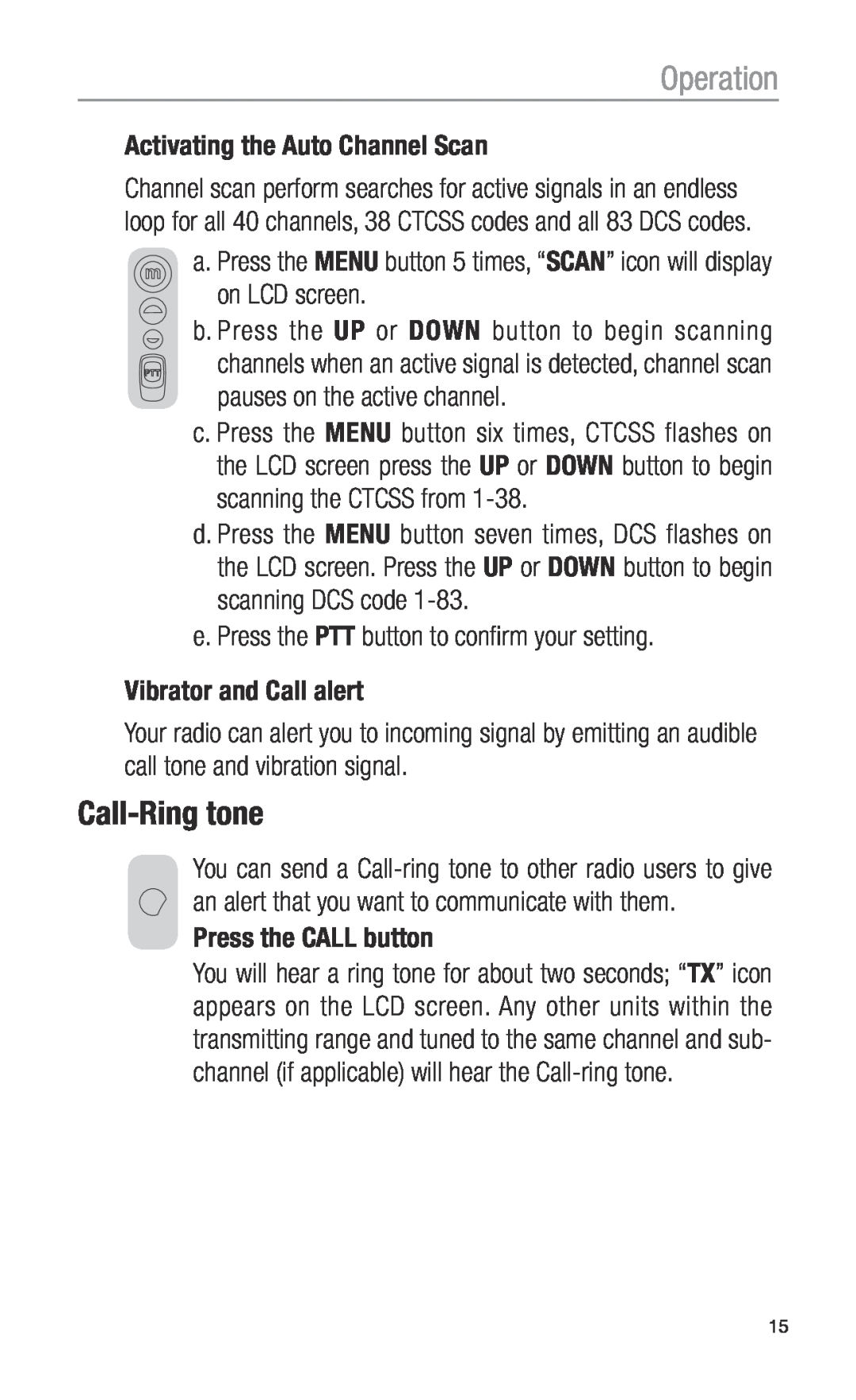 Oricom UHF2100 Call-Ringtone, Operation, Activating the Auto Channel Scan, e. Press the PTT button to confirm your setting 