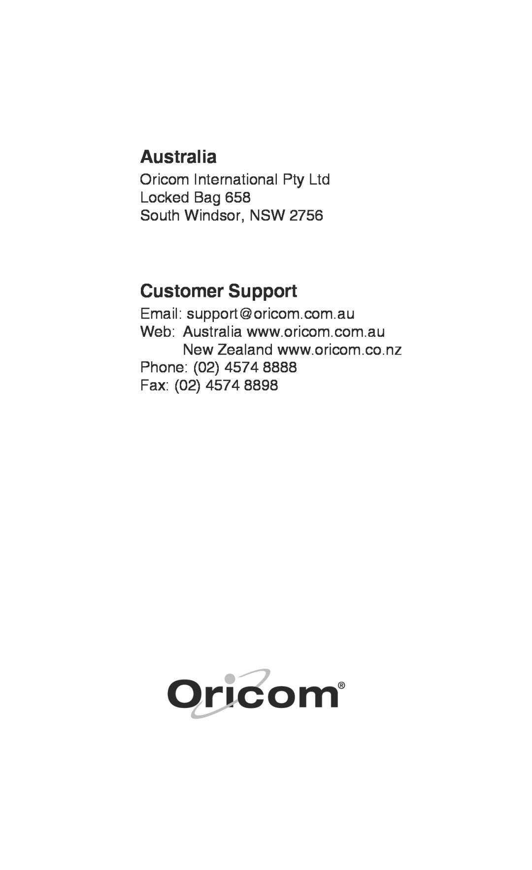 Oricom UHF2100 manual Australia, Customer Support, Oricom International Pty Ltd Locked Bag, South Windsor, NSW 