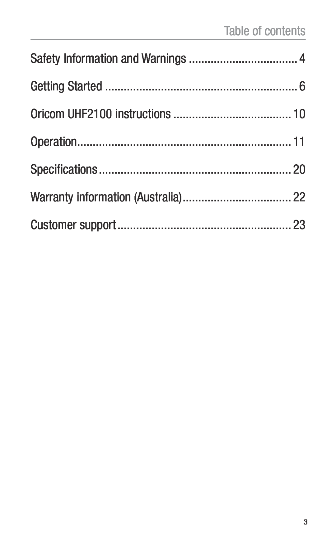 Oricom Table of contents, Getting Started, Oricom UHF2100 instructions, Operation, Specifications, Customer support 