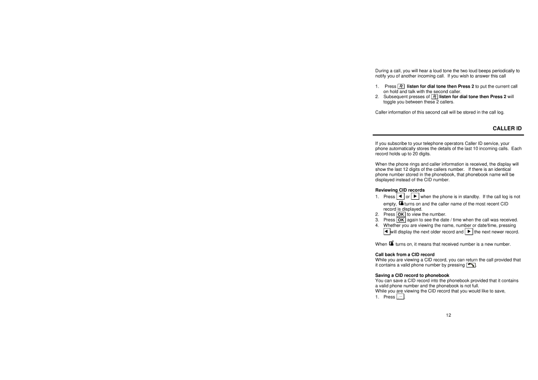 Oricom W1 manual Caller ID, Reviewing CID records, Call back from a CID record, Saving a CID record to phonebook 