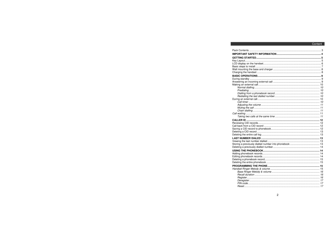 Oricom W1 manual Content 