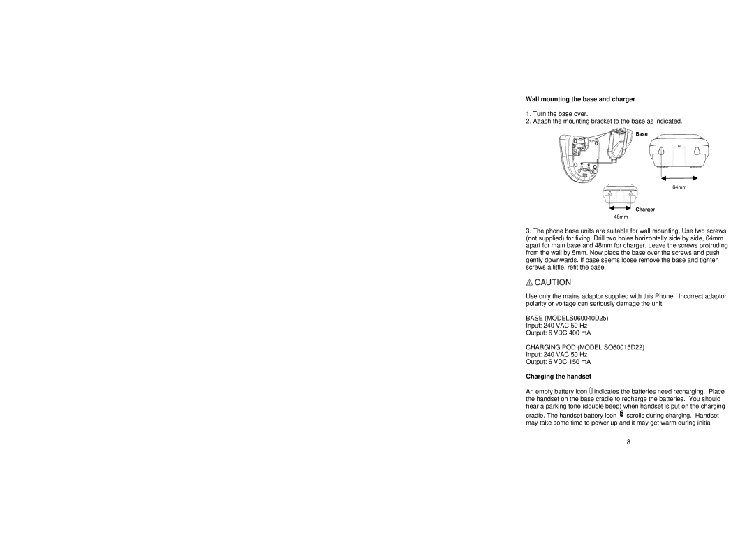 Oricom W1 manual Wall mounting the base and charger, Charging the handset 