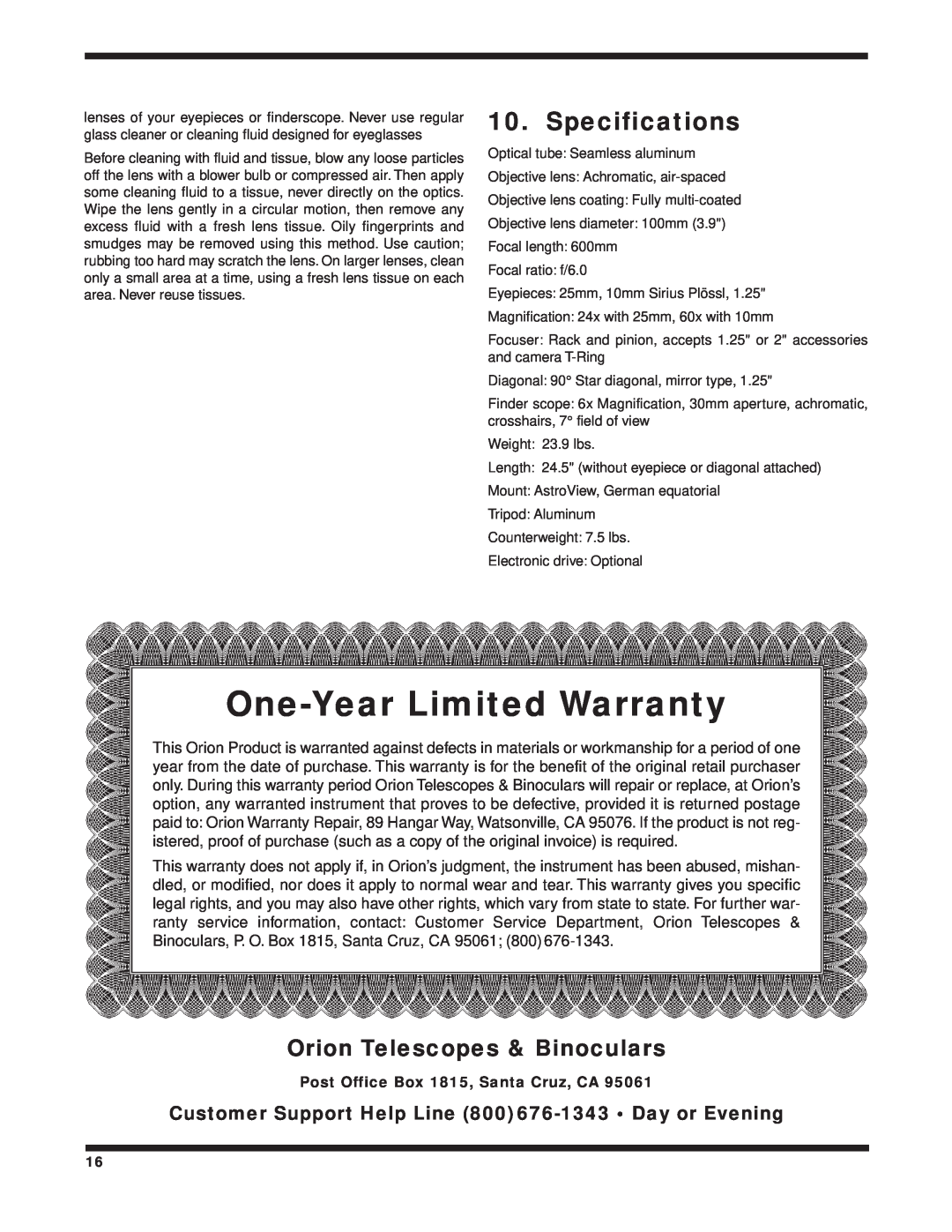Orion 100 EQ instruction manual Specifications, Orion Telescopes & Binoculars, One-Year Limited Warranty 
