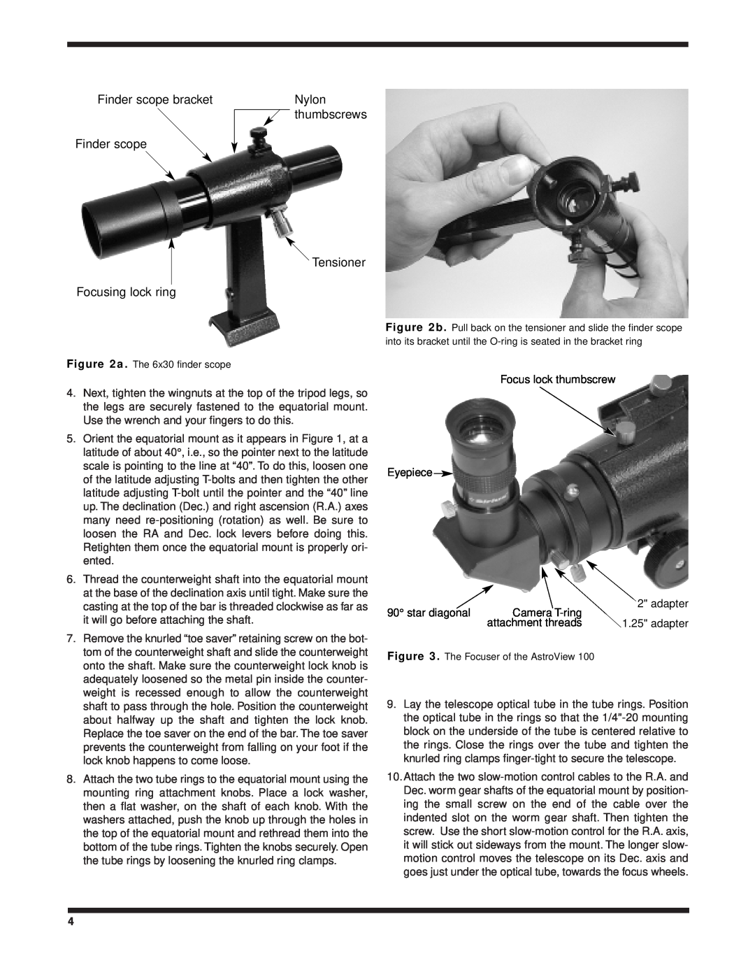 Orion 100 EQ instruction manual Finder scope bracket Finder scope Focusing lock ring, Nylon thumbscrews Tensioner 