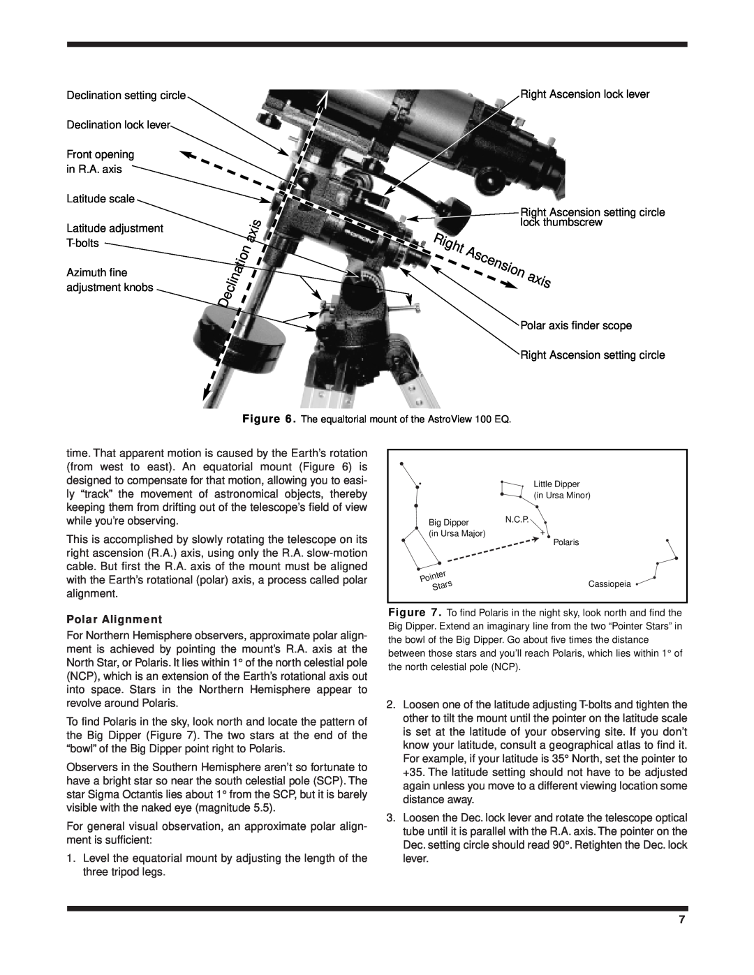 Orion 100 EQ instruction manual ight A, scension, axis, Polar Alignment 