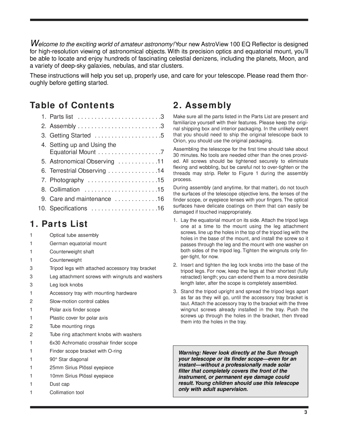 Orion 100 EQ instruction manual Table of Contents Assembly, Parts List 