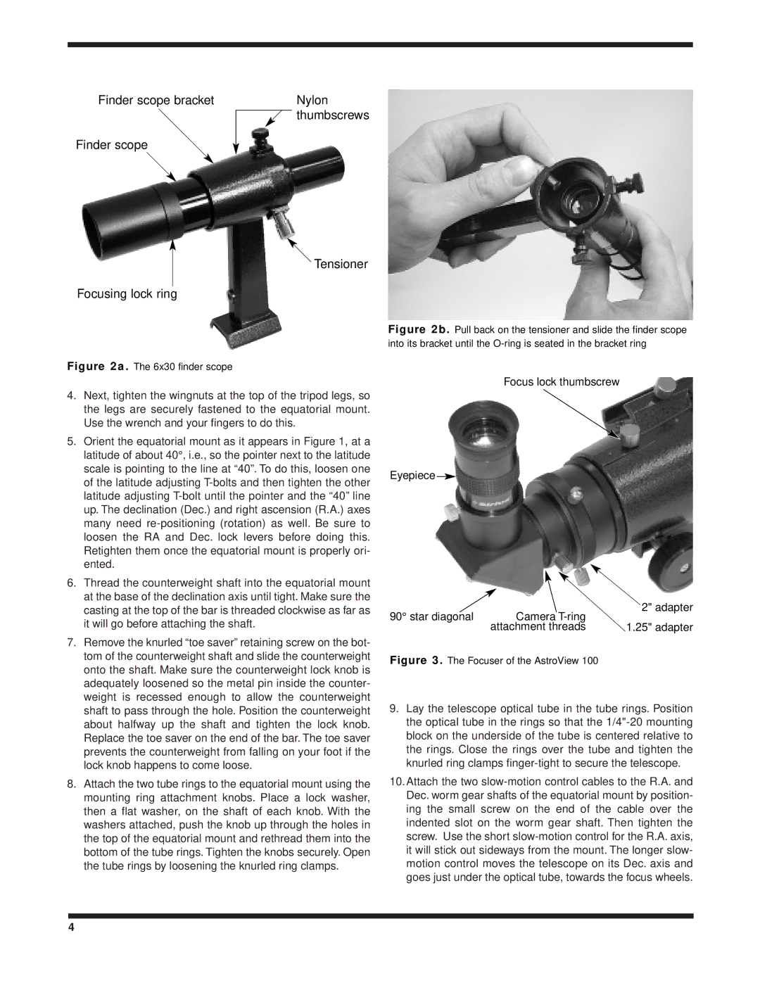 Orion 100 EQ instruction manual Focus lock thumbscrew Eyepiece Star diagonal Camera T-ring 