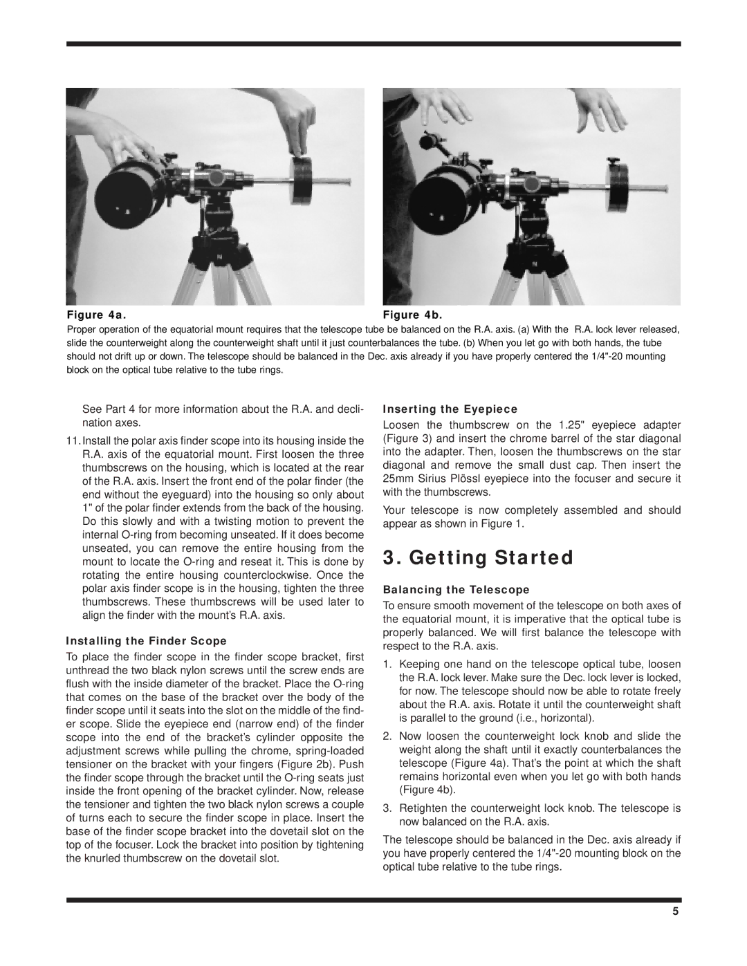 Orion 100 EQ Getting Started, Installing the Finder Scope, Inserting the Eyepiece, Balancing the Telescope 