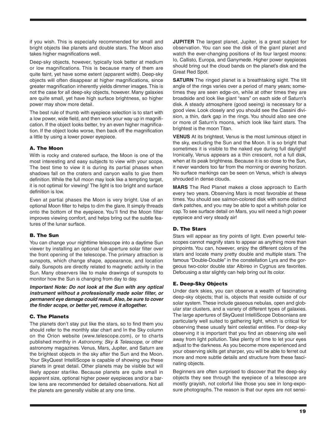 Orion 10019 XT10i, 10026 XT6i, 10020 XT12i, 10018 XT8i instruction manual Moon, Sun, Planets, Stars, Deep-Sky Objects 