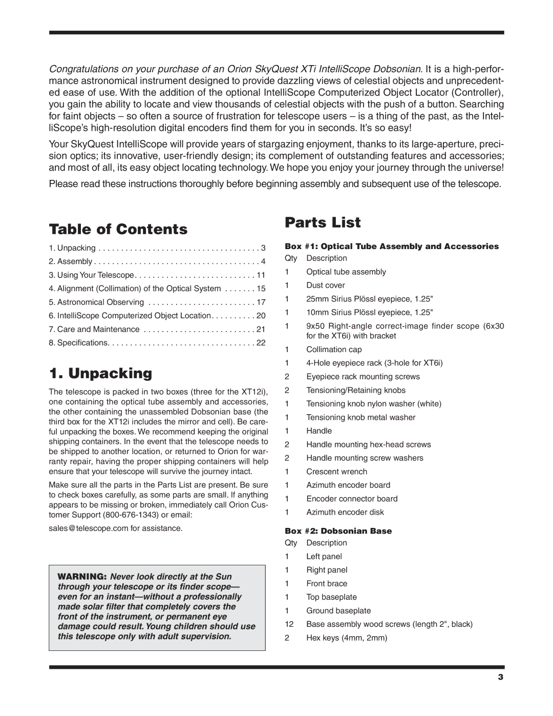 Orion 10019 XT10i, 10026 XT6i, 10020 XT12i, 10018 XT8i instruction manual Table of Contents Parts List, Unpacking 