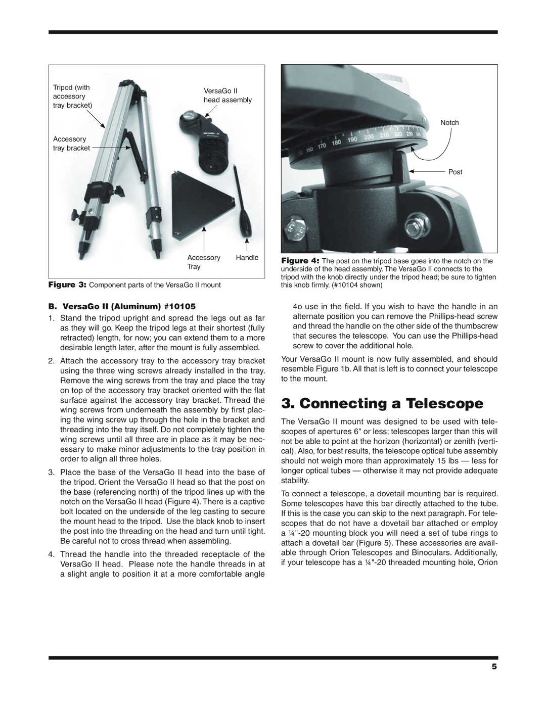 Orion #10104 instruction manual Connecting a Telescope, B. VersaGo II Aluminum #10105 