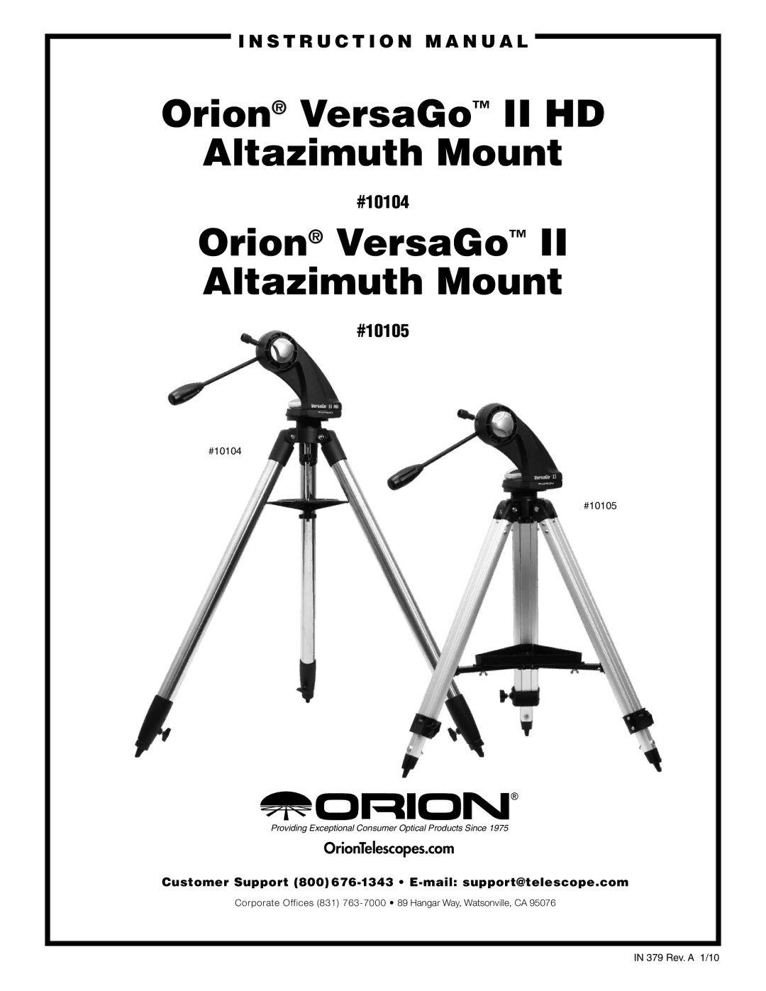 Orion #10104, #10105 instruction manual Orion VersaGo II HD Altazimuth Mount 