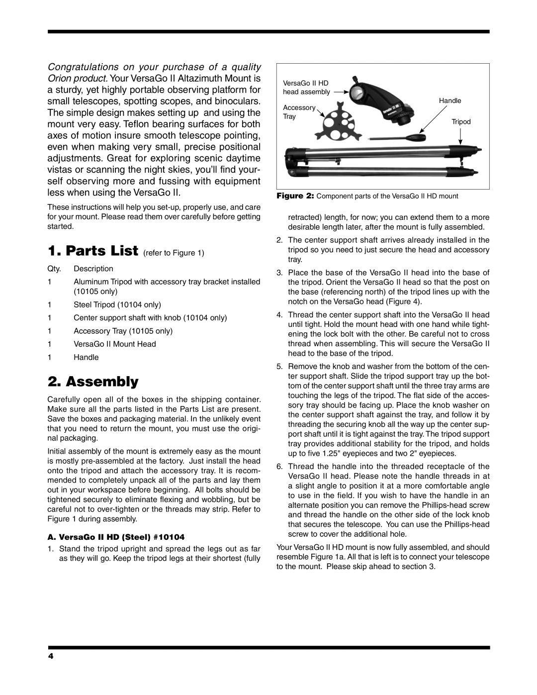 Orion #10105 instruction manual Assembly, VersaGo II HD Steel #10104 