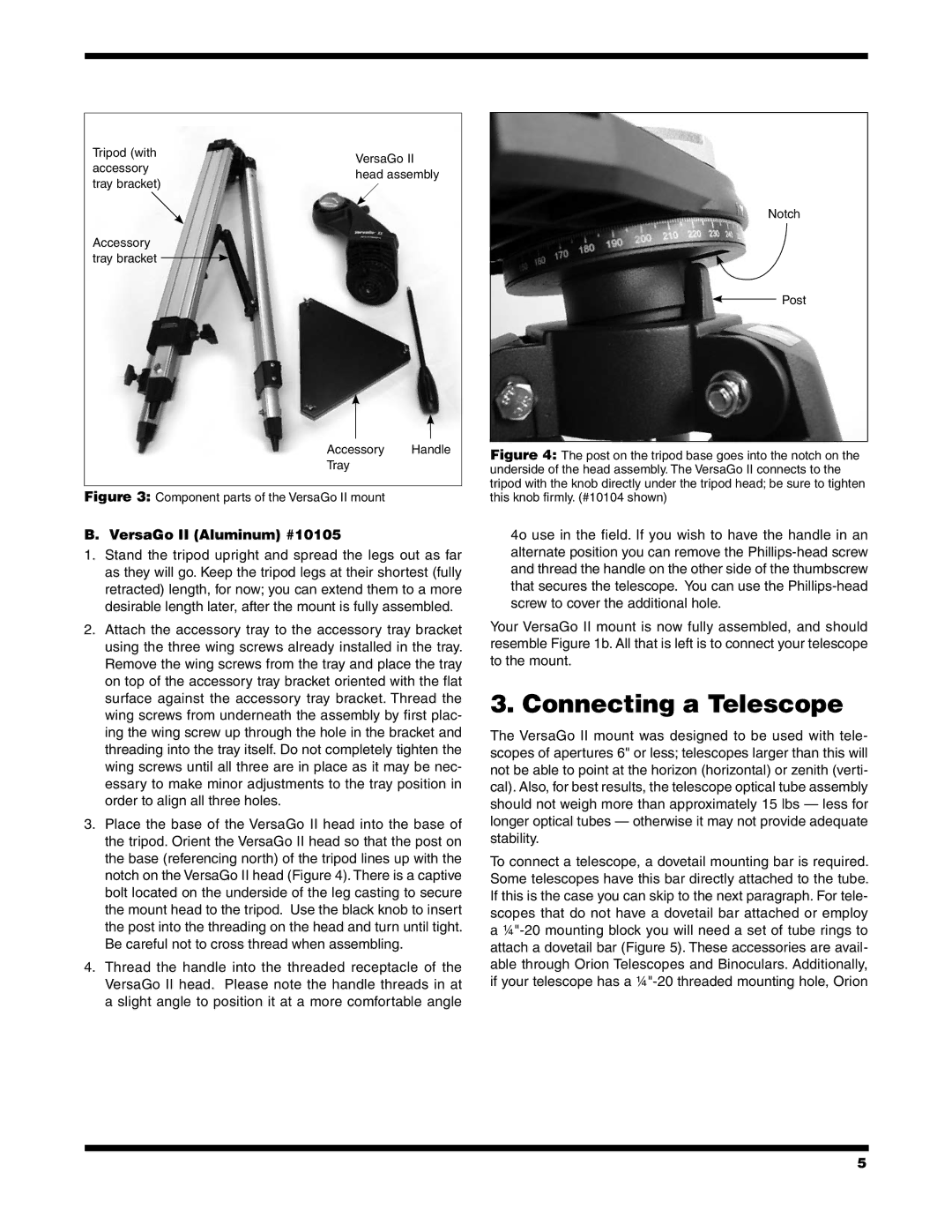 Orion #10104 instruction manual Connecting a Telescope, VersaGo II Aluminum #10105 