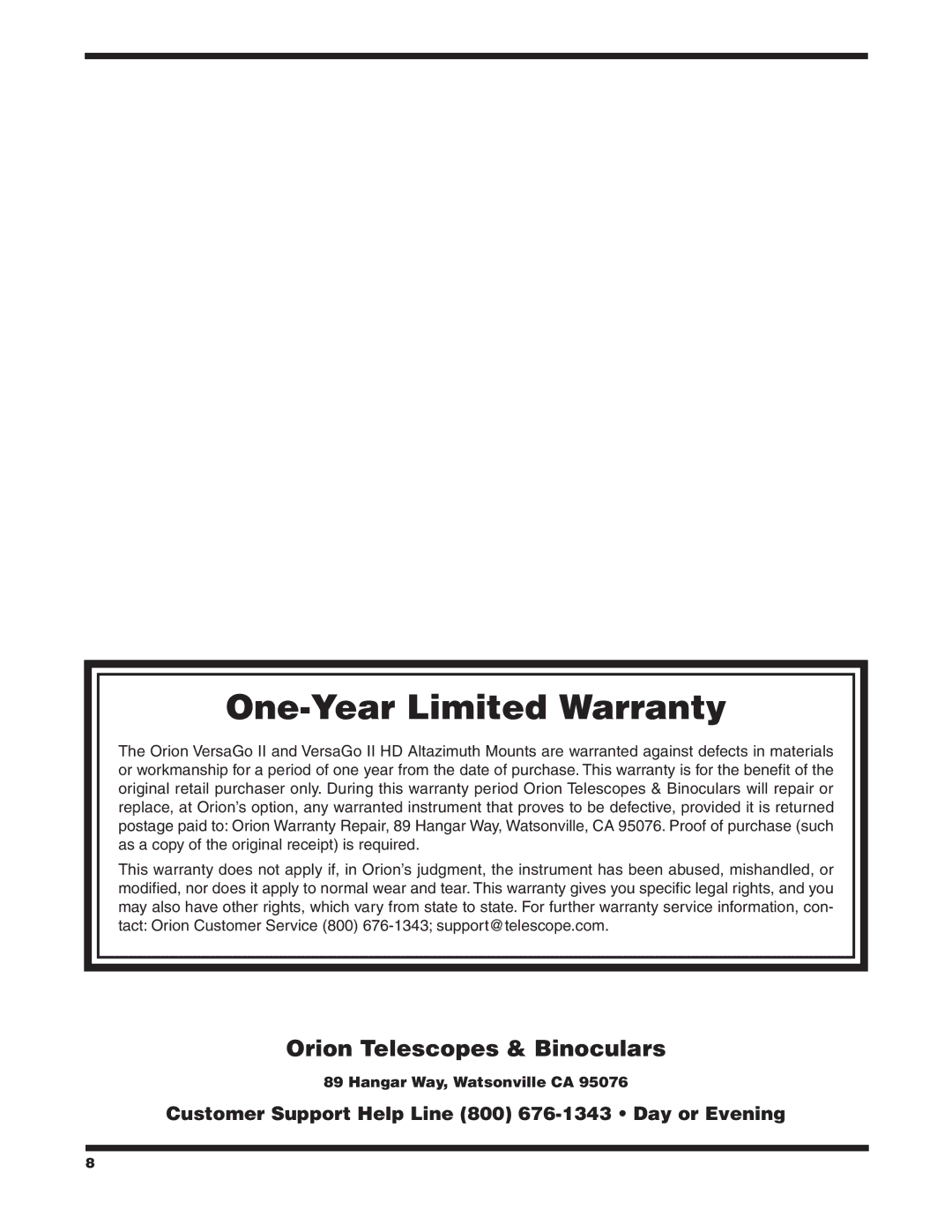 Orion #10105, #10104 instruction manual One-Year Limited Warranty 