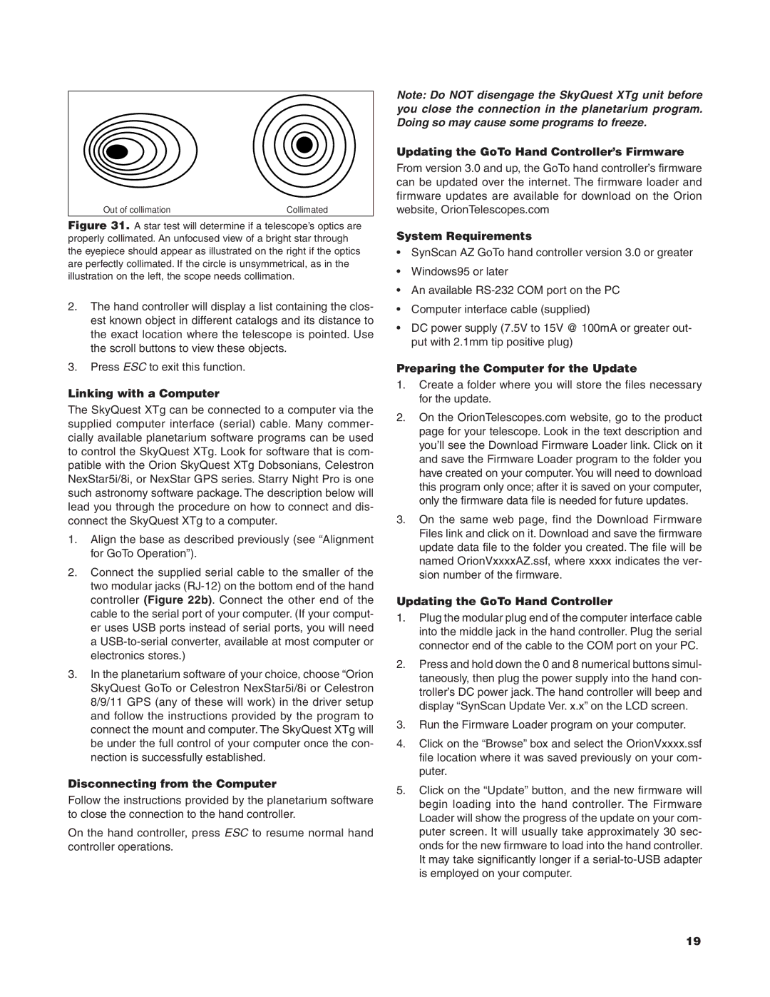 Orion 10134 XTBg Linking with a Computer, Disconnecting from the Computer, Updating the GoTo Hand Controller’s Firmware 