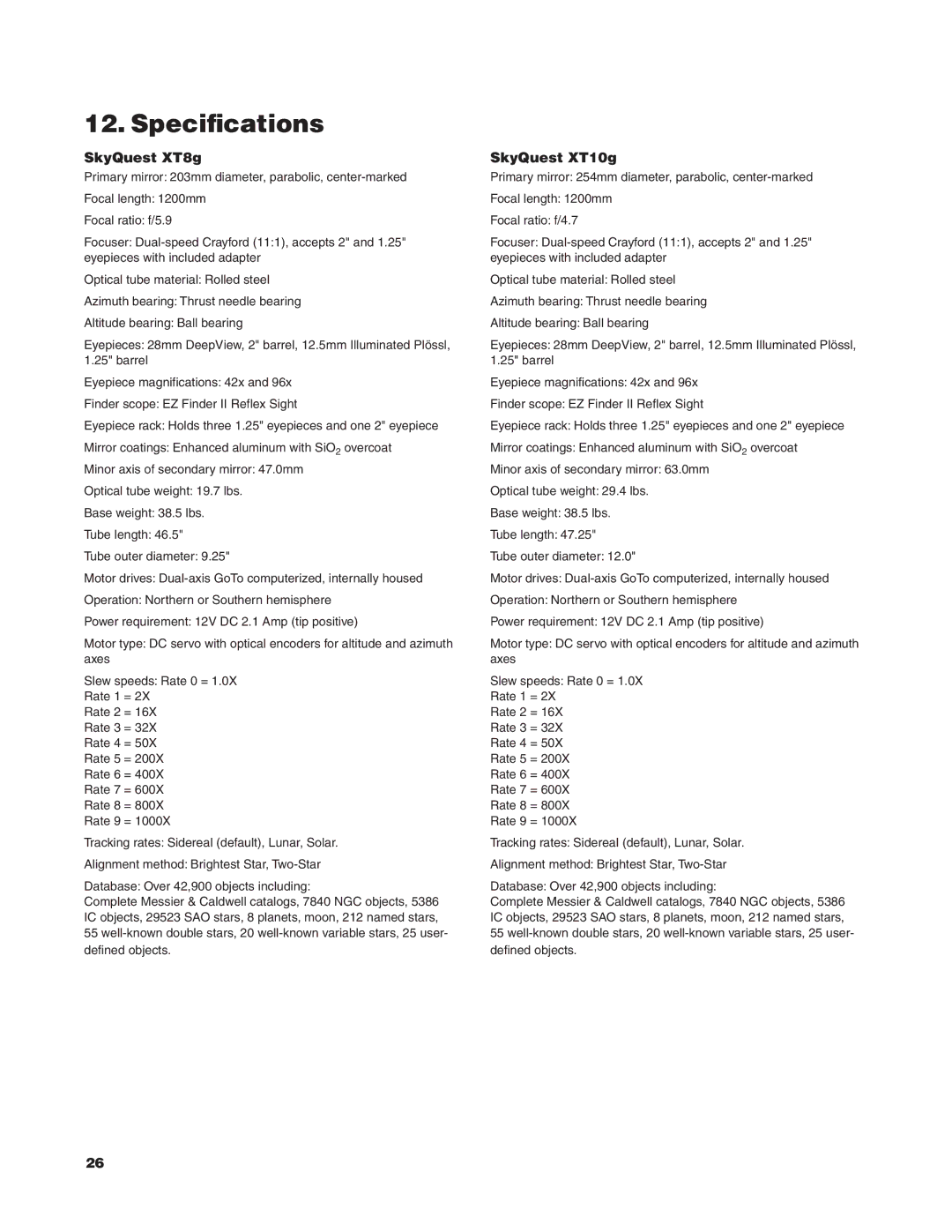 Orion #10134 XT8g, 10135 XT10g, 10135XT12g, 10134 XTBg instruction manual Specifications, SkyQuest XT8g, SkyQuest XT10g 