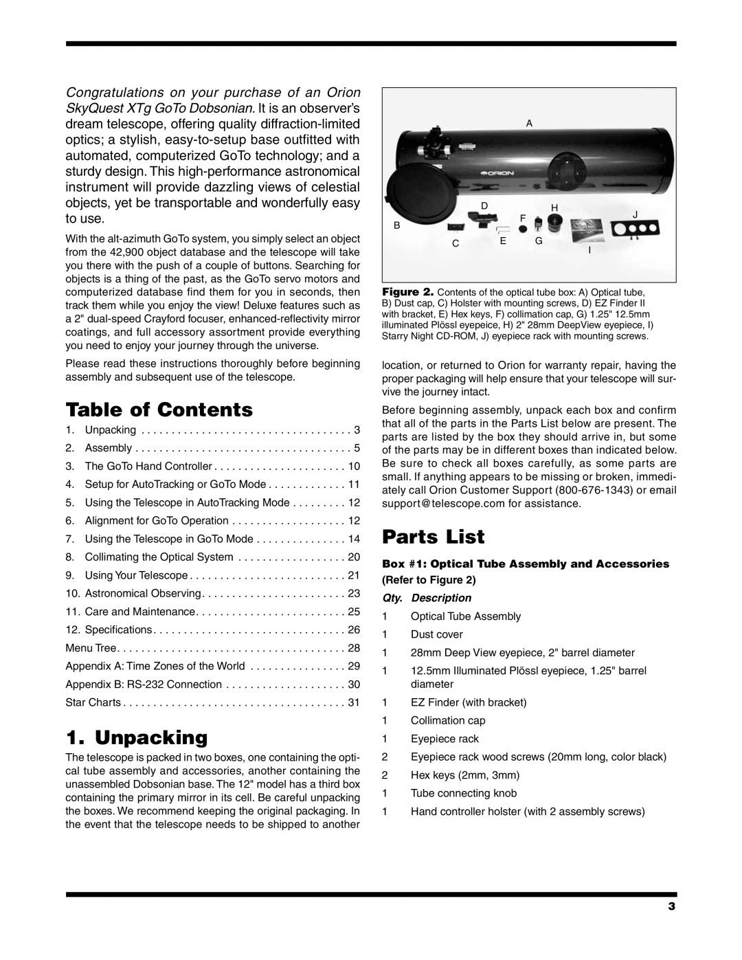 Orion 10134 XTBg, 10135 XT10g, 10135XT12g, #10134 XT8g instruction manual Table of Contents, Unpacking, Parts List 