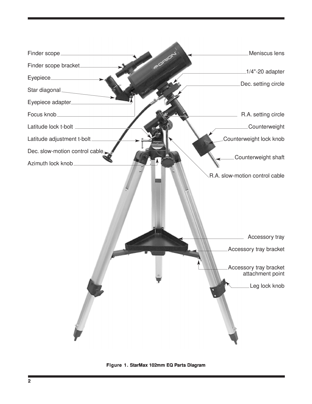 Orion 102mm EQ instruction manual Finder scope Finder scope bracket Eyepiece Star diagonal 