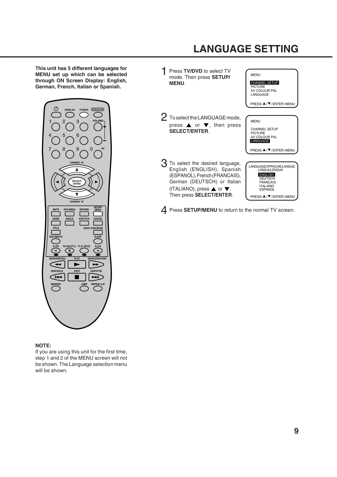 Orion 10DT instruction manual Language Setting, Select/Enter, Then press SELECT/ENTER 