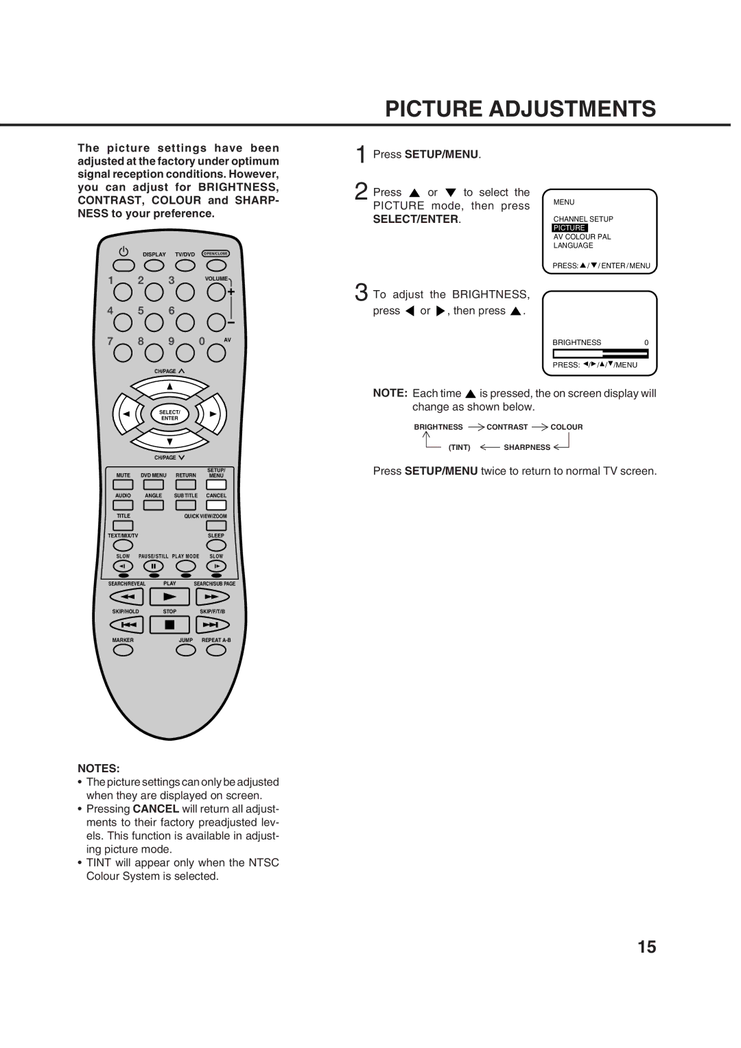 Orion 10DT instruction manual Picture Adjustments, Press or to select the Picture mode, then press 