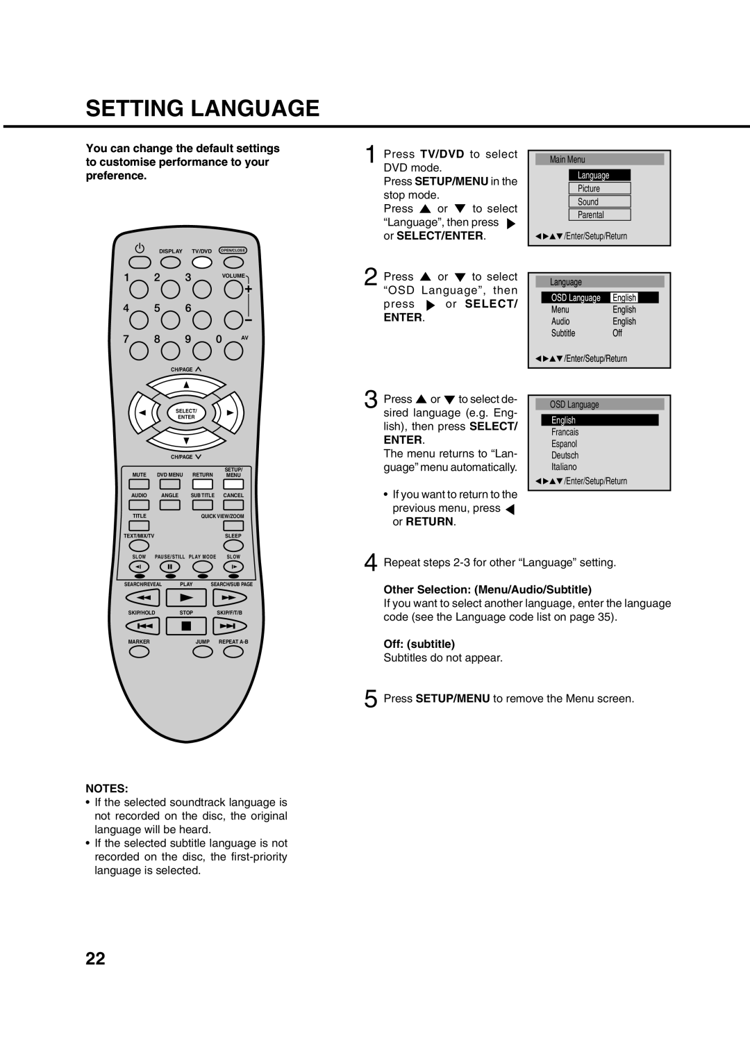 Orion 10DT Setting Language, Press SETUP/MENU in the stop mode, Other Selection Menu/Audio/Subtitle, Off subtitle 