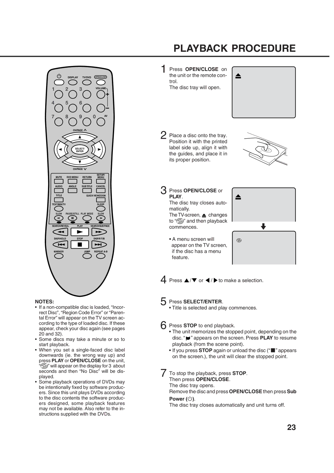 Orion 10DT Playback Procedure, Press OPEN/CLOSE on the unit or the remote con- trol, Press OPEN/CLOSE or, Power 