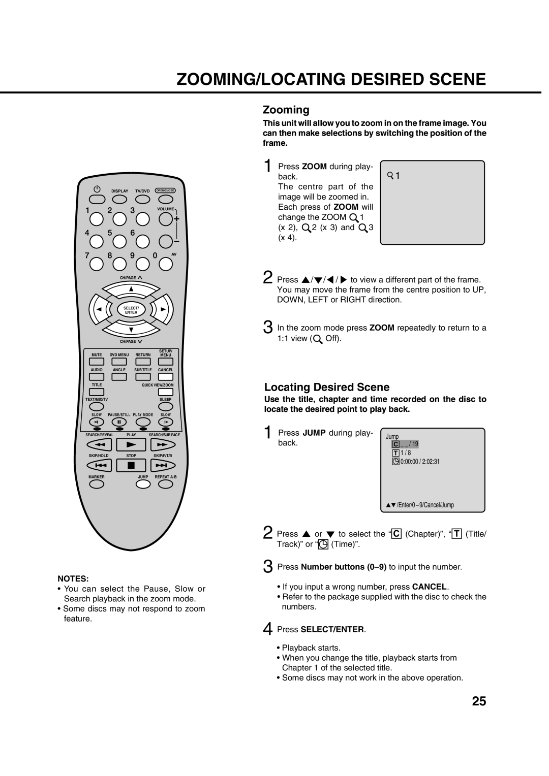 Orion 10DT instruction manual ZOOMING/LOCATING Desired Scene, Zooming, Locating Desired Scene, Press Jump during play, Back 