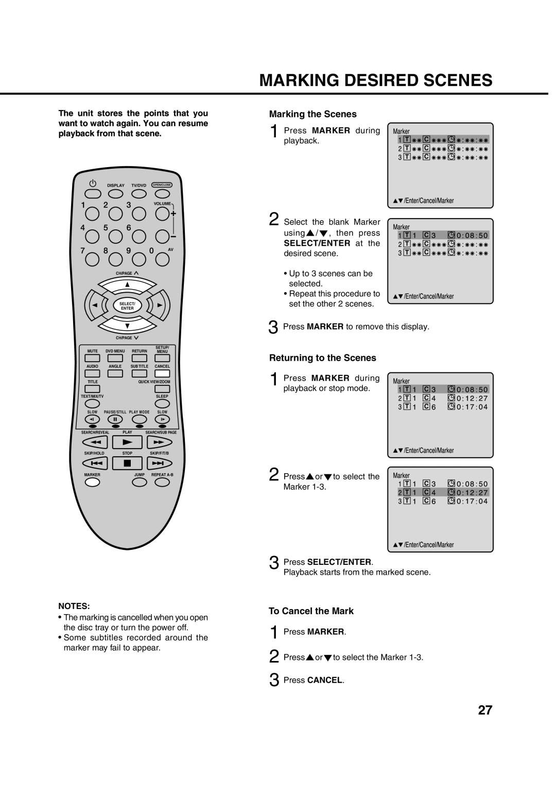 Orion 10DT instruction manual Marking Desired Scenes, Marking the Scenes, Returning to the Scenes, To Cancel the Mark 