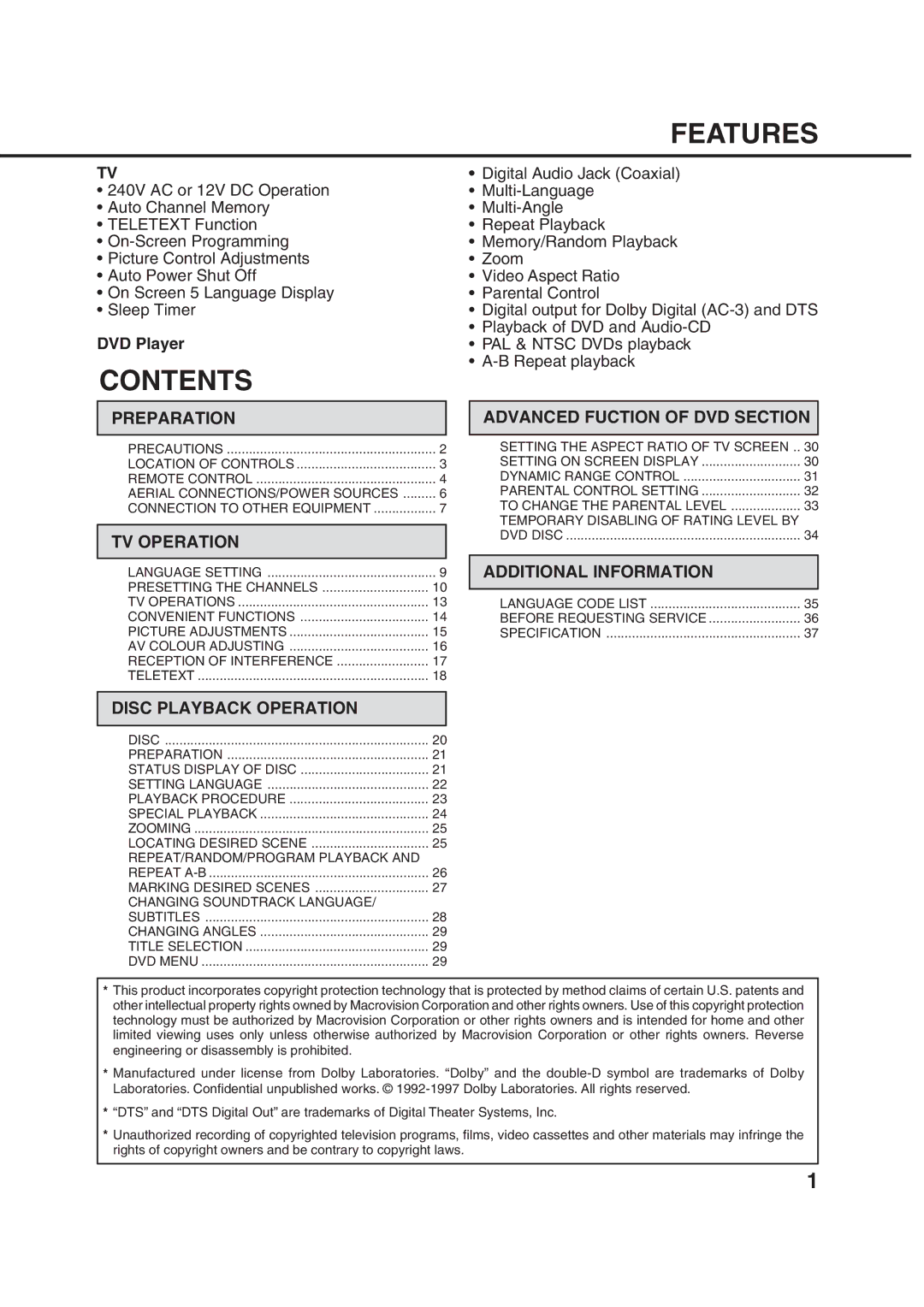 Orion 10DT instruction manual Contents, Features 