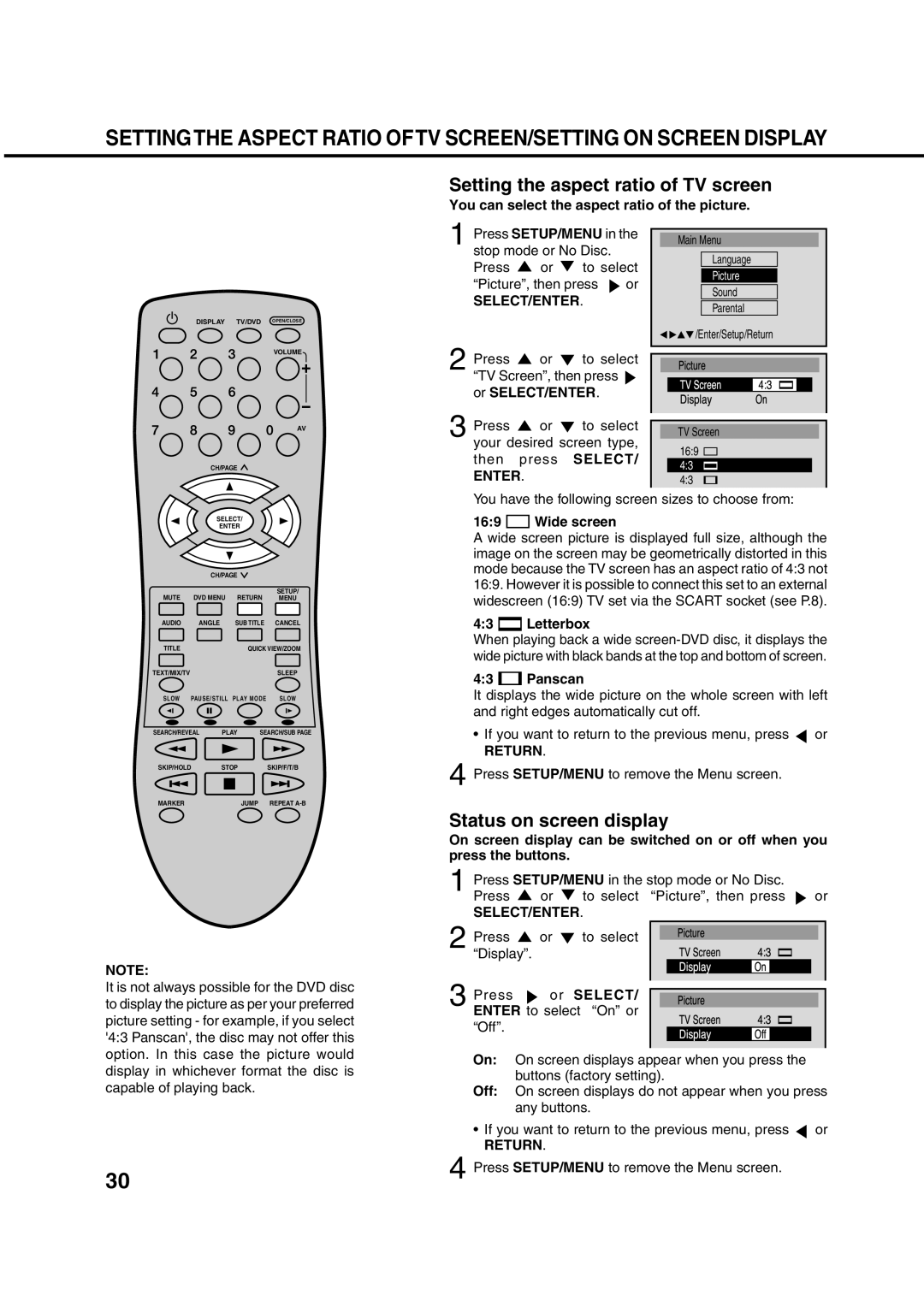 Orion 10DT instruction manual Setting the aspect ratio of TV screen, Status on screen display, Select Enter, Return 