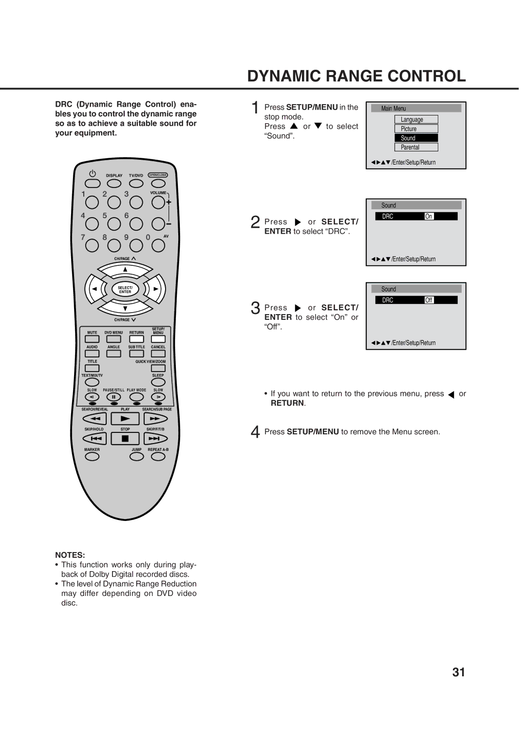 Orion 10DT Dynamic Range Control, Press or to select Sound, Enter to select DRC, Enter to select On or Off 