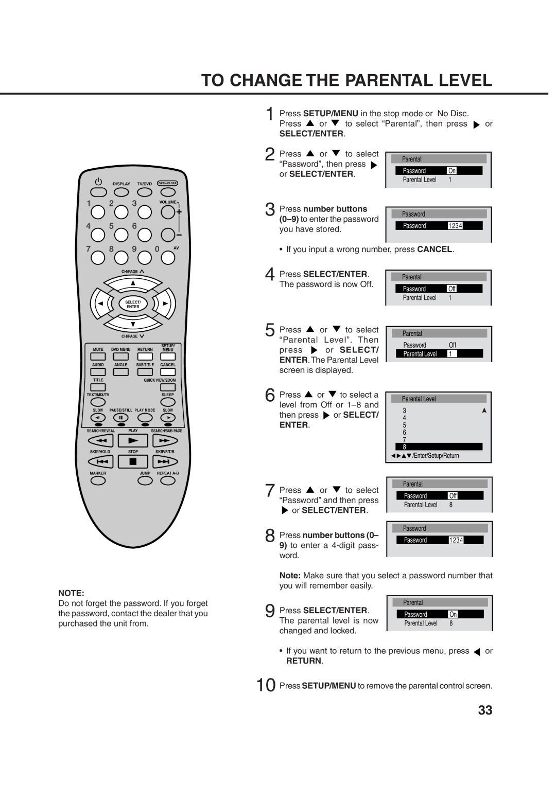 Orion 10DT instruction manual To Change the Parental Level, Or Select 