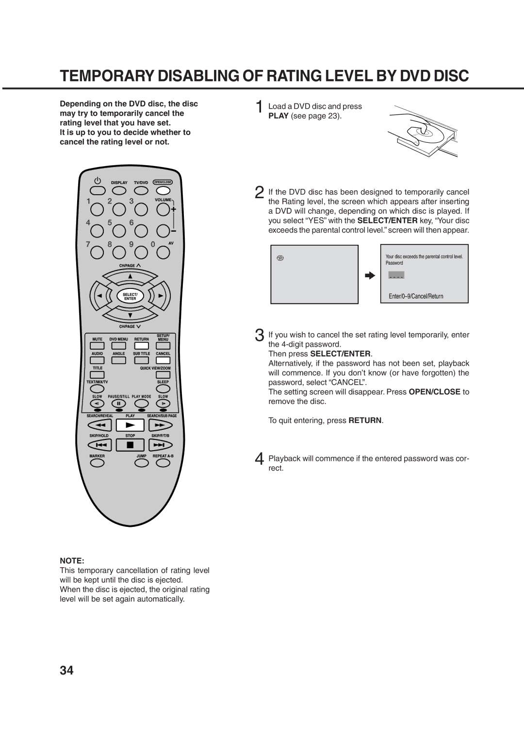 Orion 10DT instruction manual Temporary Disabling of Rating Level by DVD Disc 