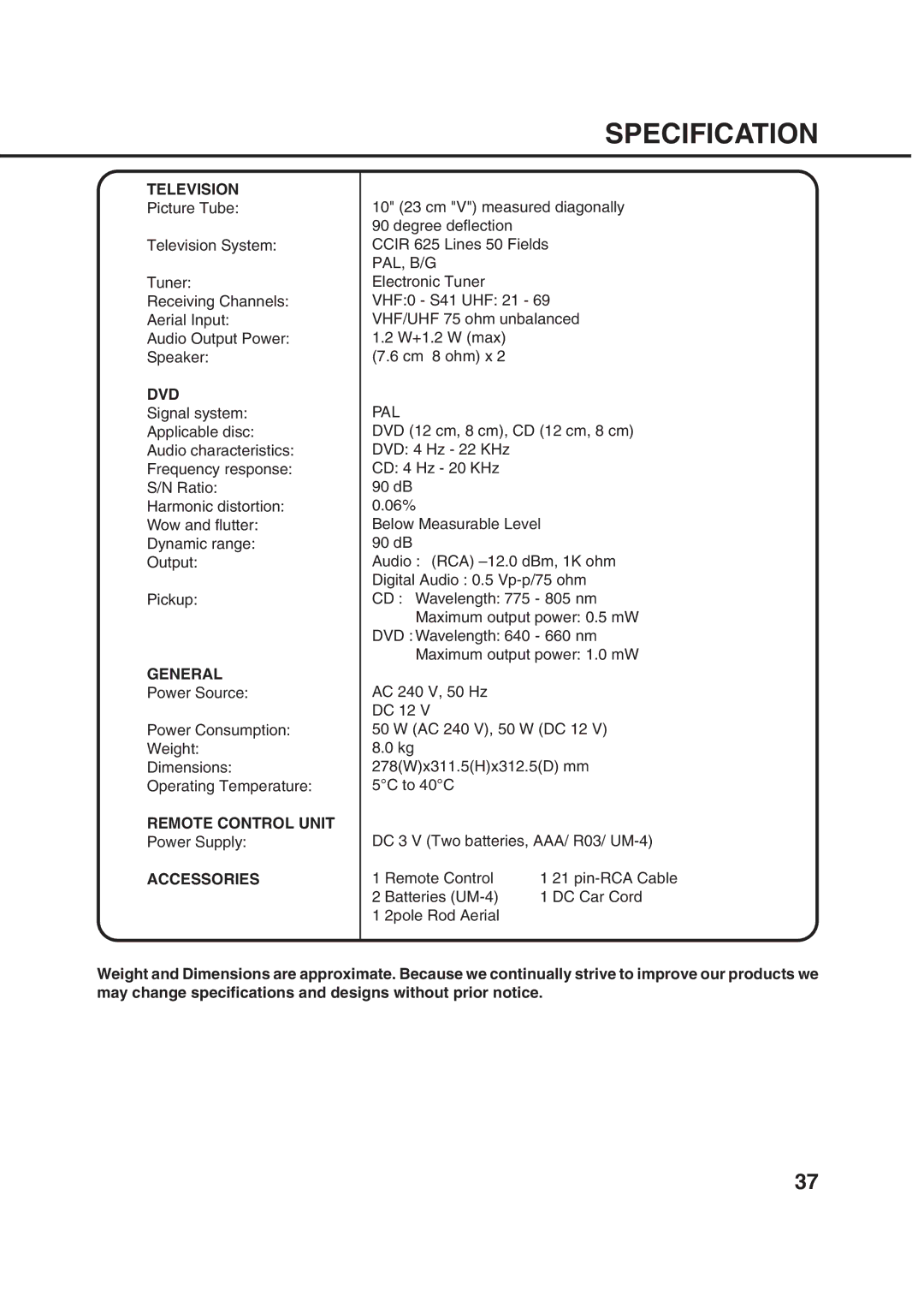 Orion 10DT instruction manual Specification, Television 