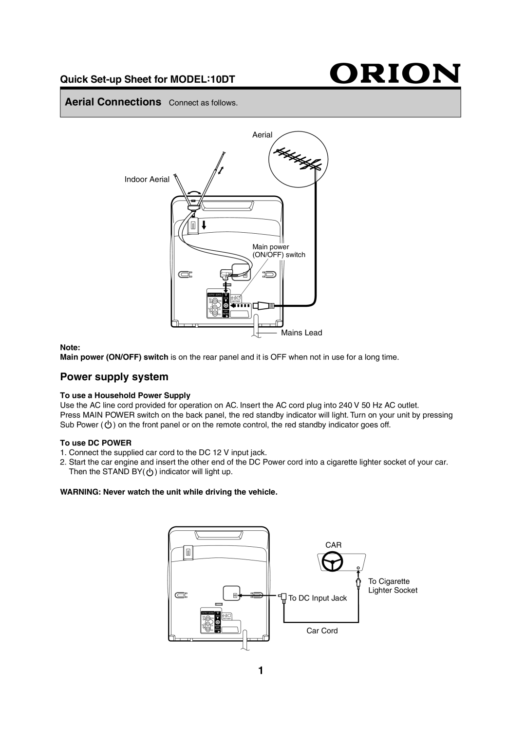 Orion 10DT Aerial Connections Connect as follows, Power supply system, To use a Household Power Supply, To use DC Power 