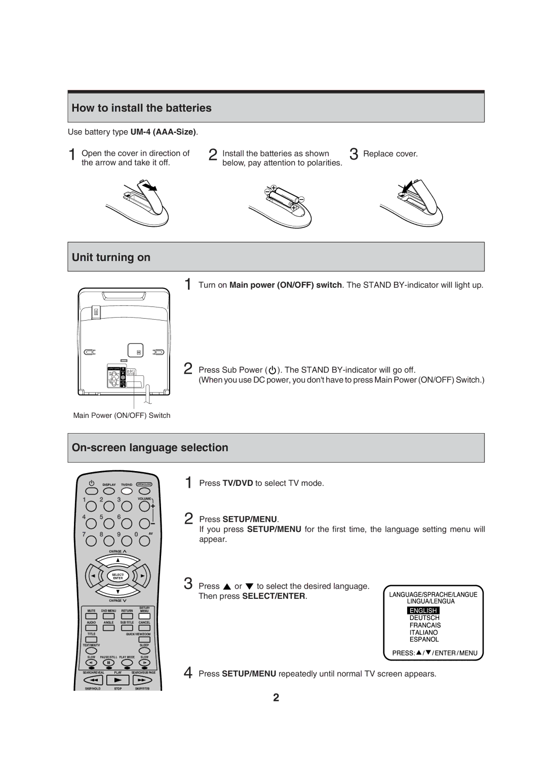 Orion 10DT instruction manual How to install the batteries, Unit turning on Gerät einschalten, On-screen language selection 