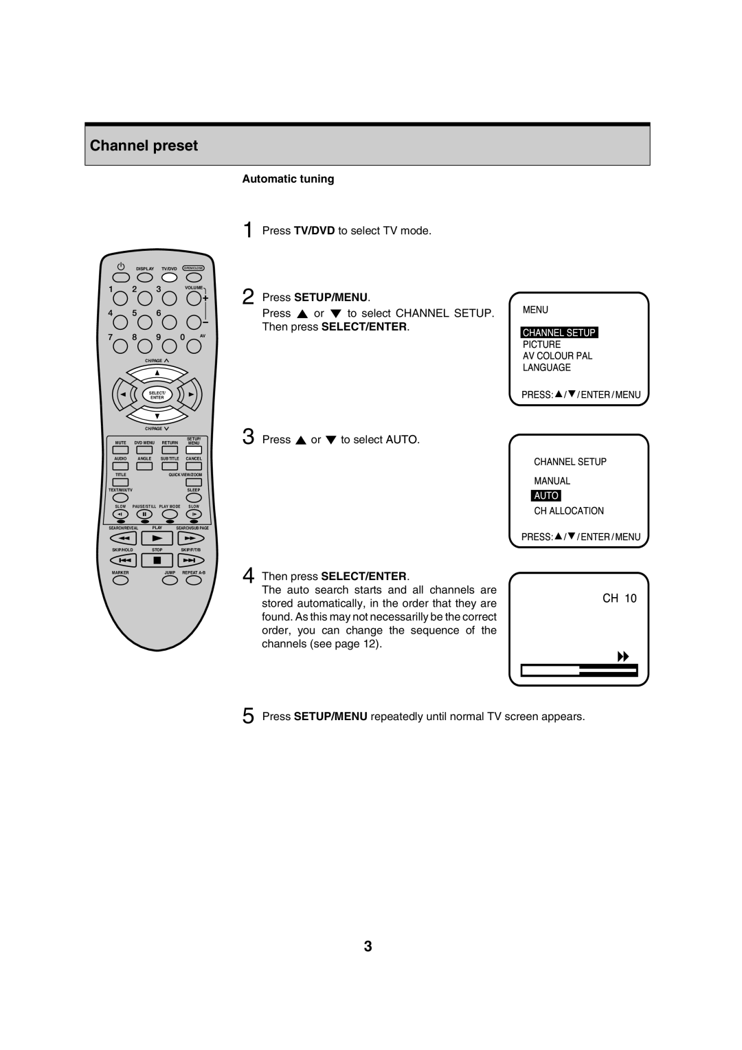 Orion 10DT instruction manual Channel preset, Automatic tuning 