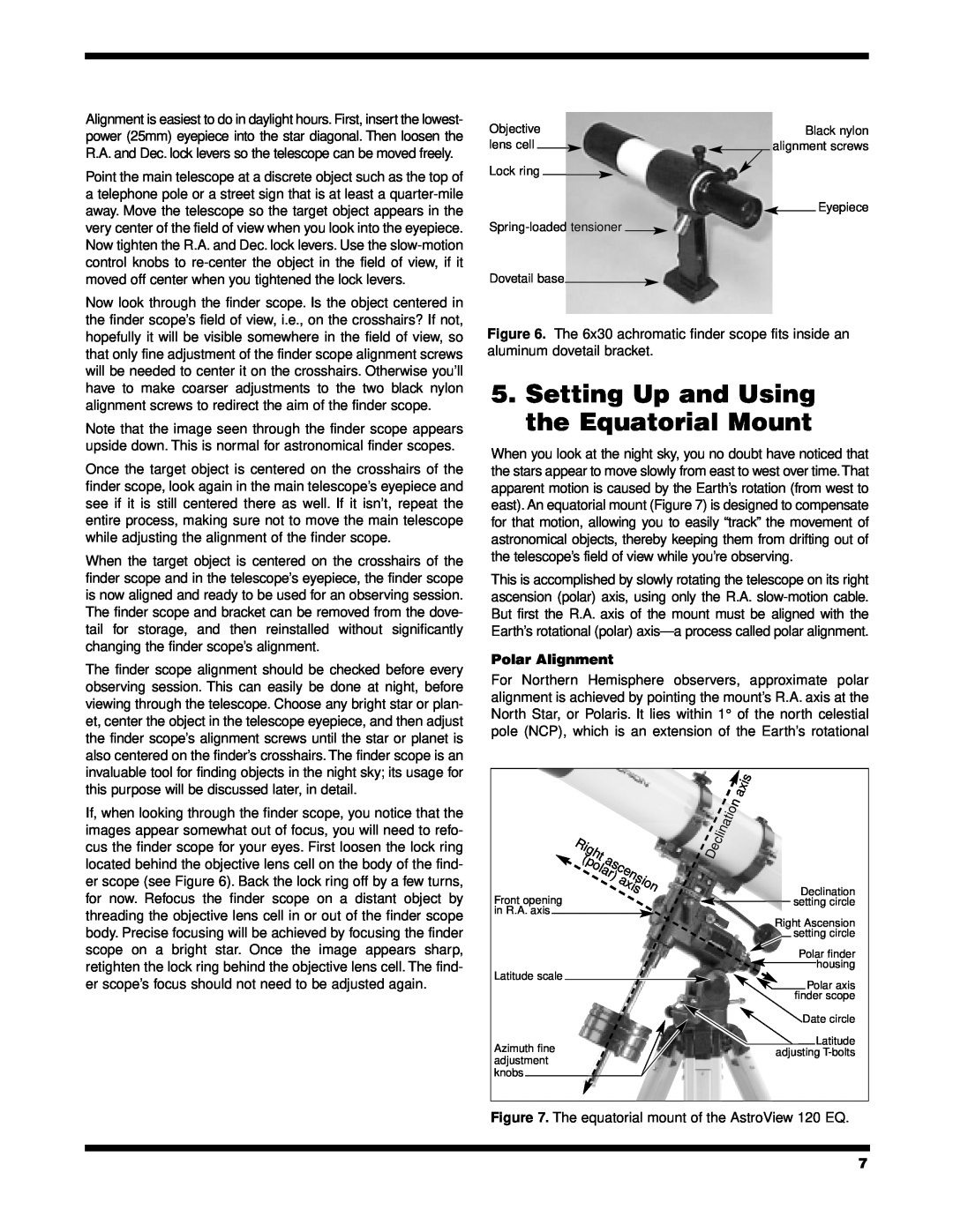 Orion 120 EQ instruction manual Setting Up and Using the Equatorial Mount, polar, ascension, axis, Polar Alignment 