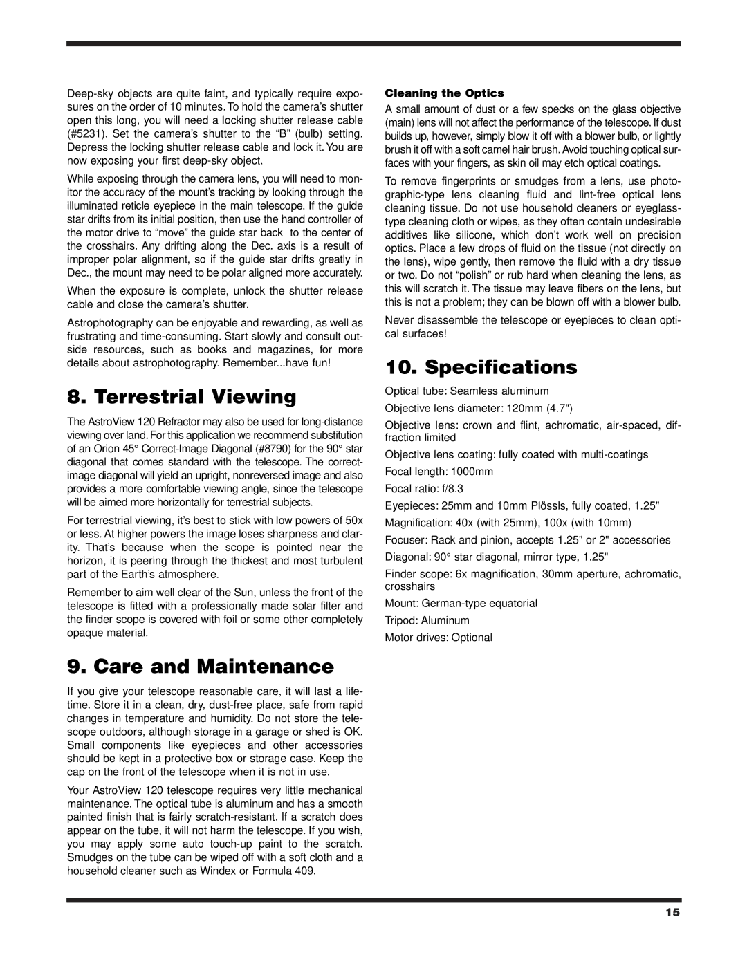 Orion 120 EQ instruction manual Terrestrial Viewing, Care and Maintenance, Specifications, Cleaning the Optics 