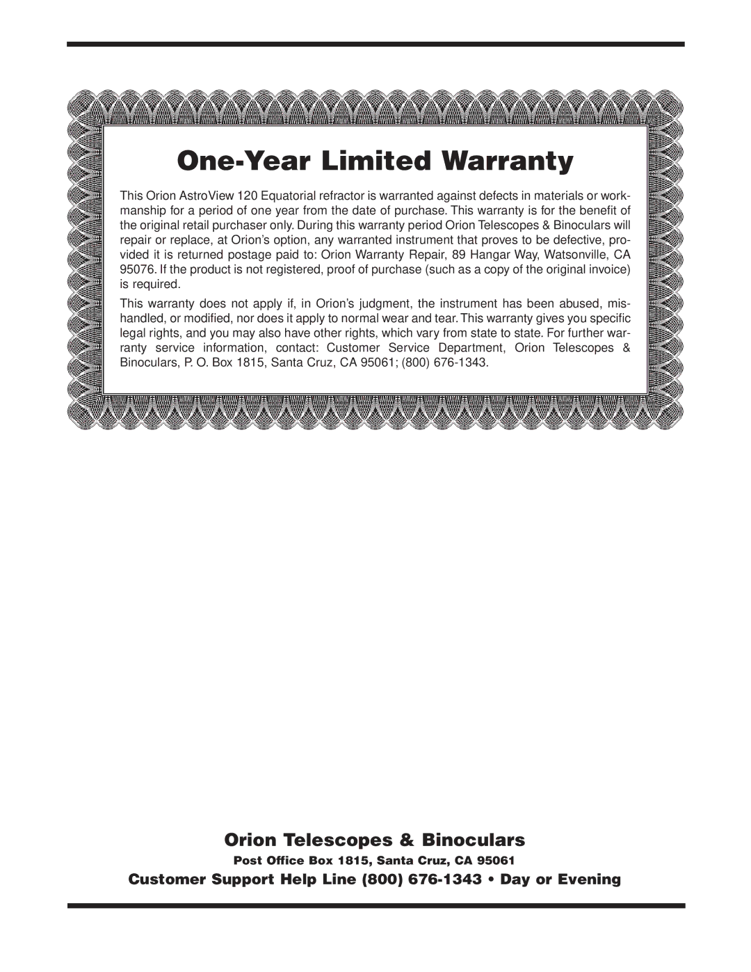 Orion 120 EQ instruction manual One-Year Limited Warranty 