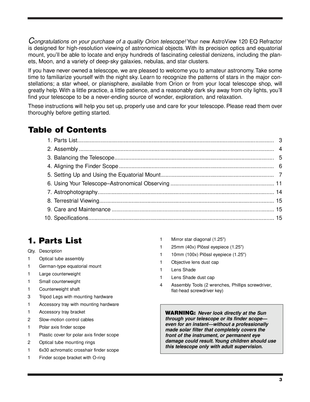 Orion 120 EQ instruction manual Table of Contents, Parts List 